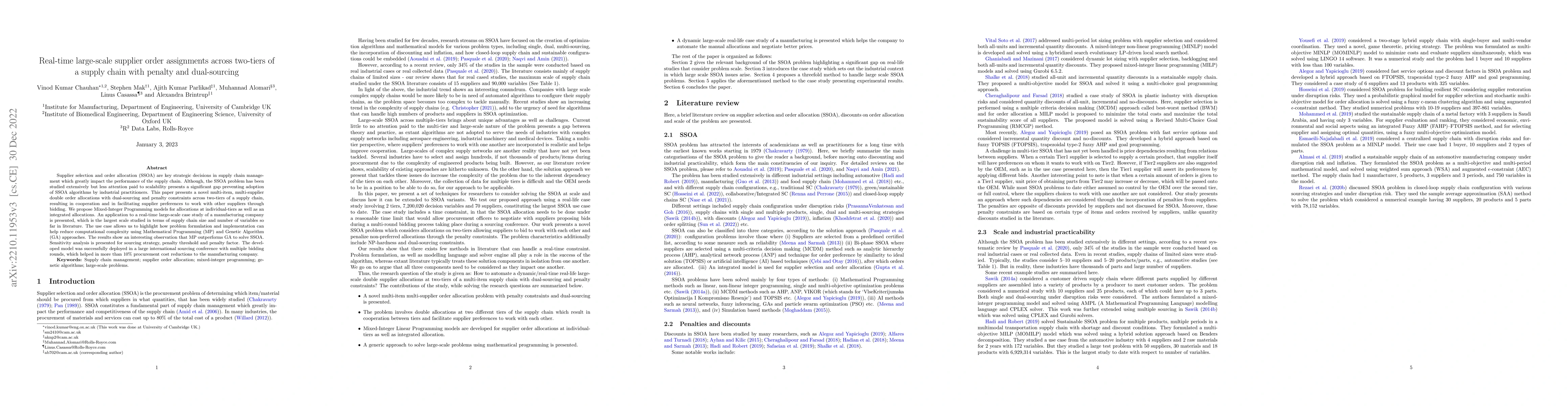Thumbnail for Real-time large-scale supplier order assignments across two-tiers of a
  supply chain with penalty and dual-sourcing