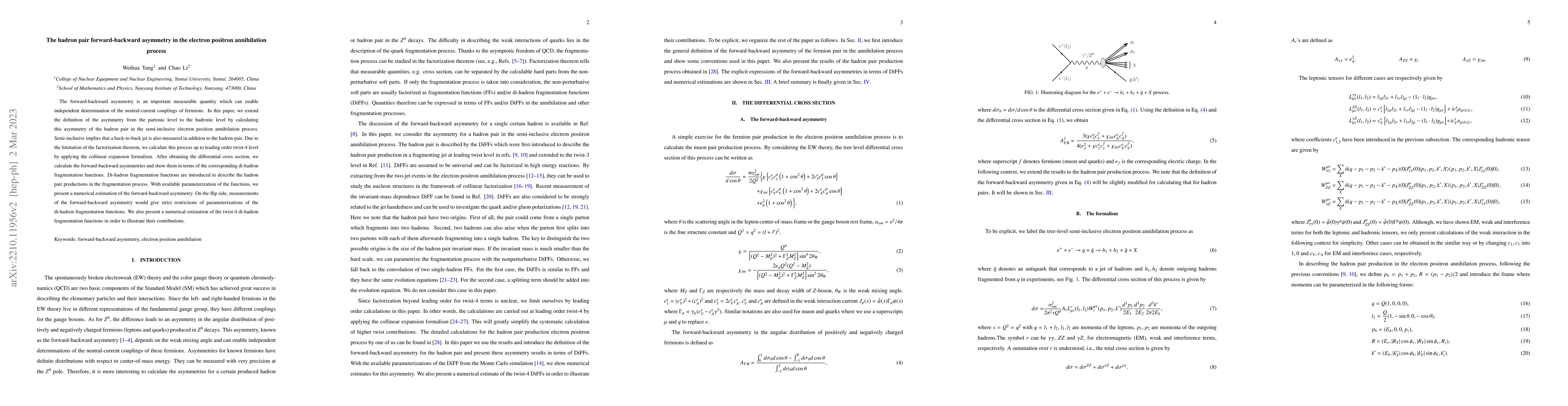 Thumbnail for The hadron pair forward-backward asymmetry in the electron positron
  annihilation process