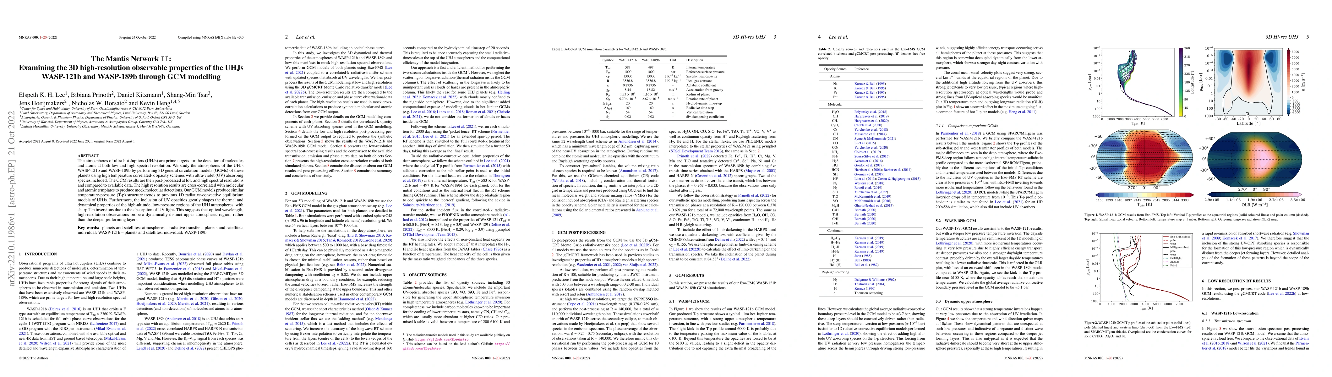 Thumbnail for The Mantis Network II: Examining the 3D high-resolution observable
  properties of the UHJs WASP-121b and WASP-189b through GCM modelling