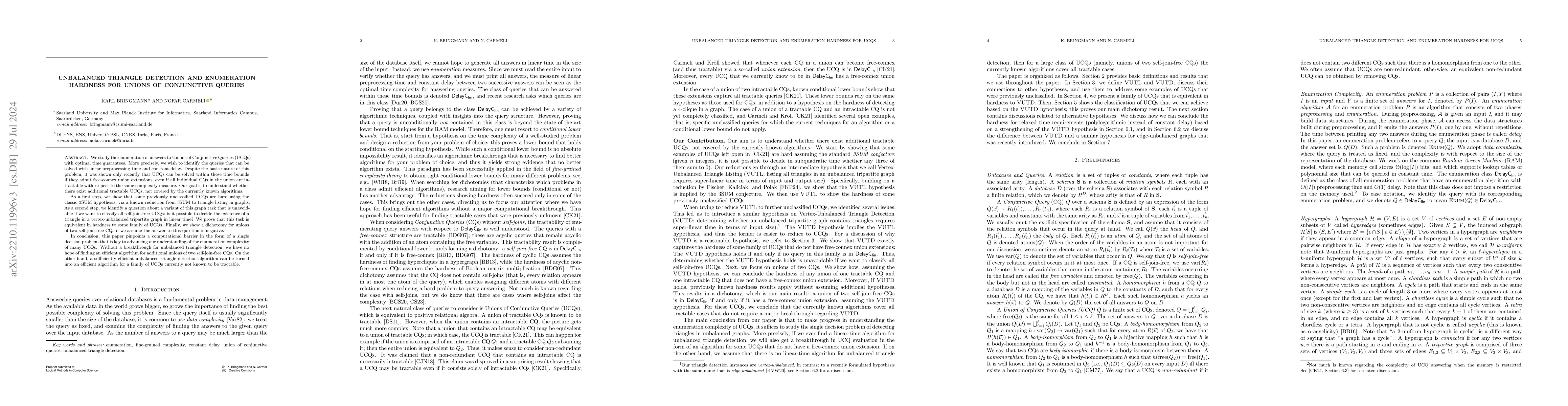 Thumbnail for Unbalanced Triangle Detection and Enumeration Hardness for Unions of
  Conjunctive Queries