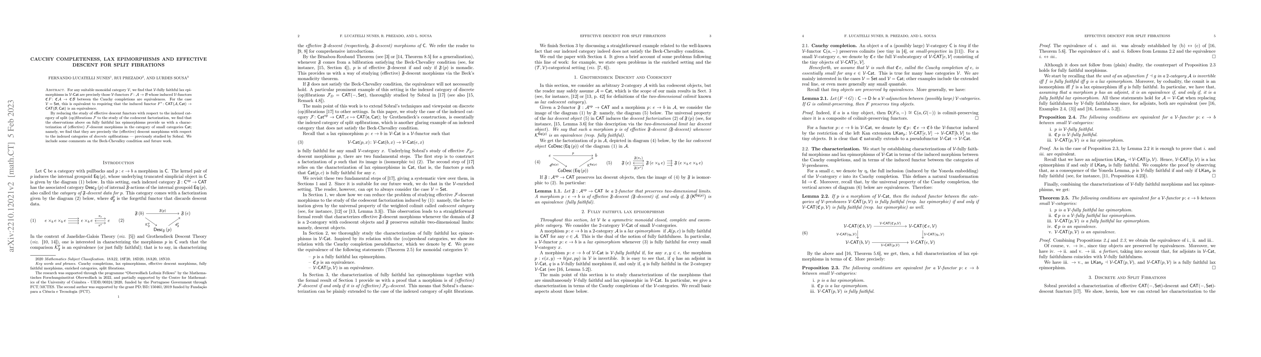 Thumbnail for Cauchy Completeness, Lax Epimorphisms and Effective Descent for Split
  Fibrations