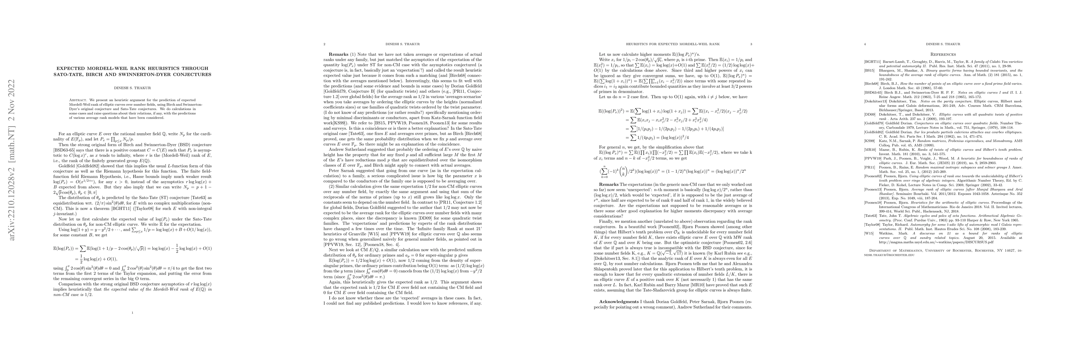 Thumbnail for Expected Mordell-Weil rank heuristics through Sato-Tate, Birch and
  Swinnerton-Dyer conjectures