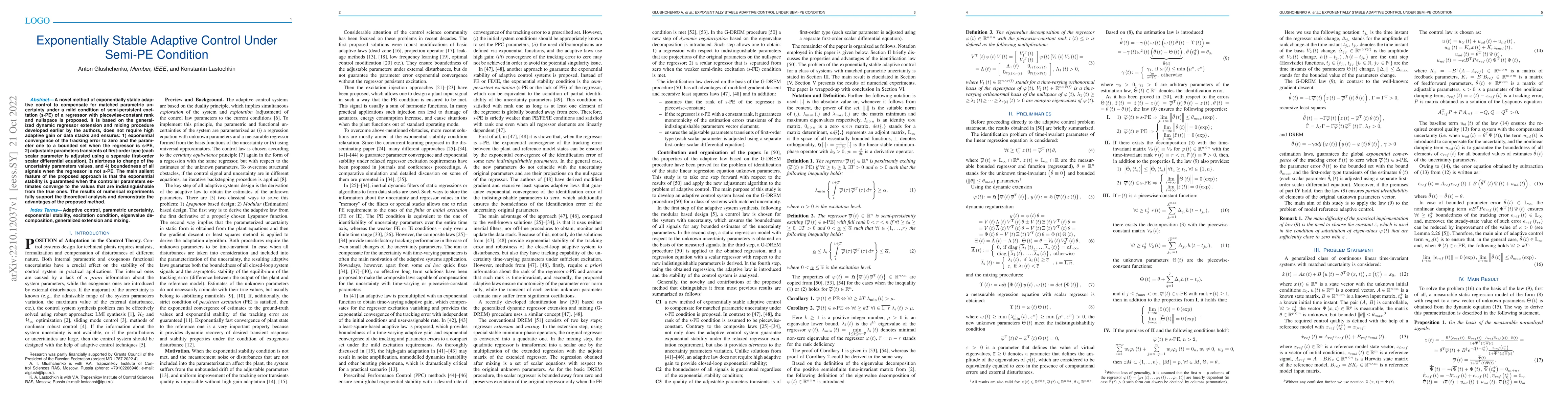 Thumbnail for Exponentially Stable Adaptive Control Under Semi-PE Condition