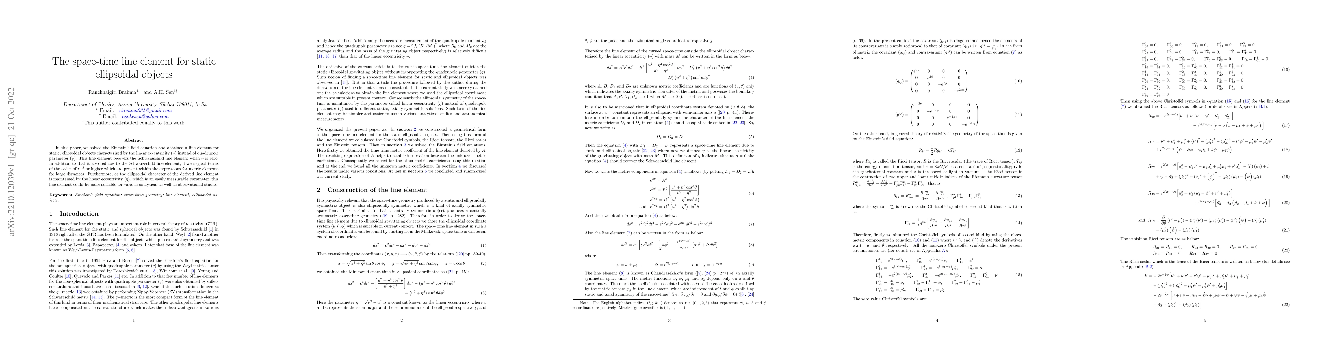 Thumbnail for The space-time line element for static ellipsoidal objects