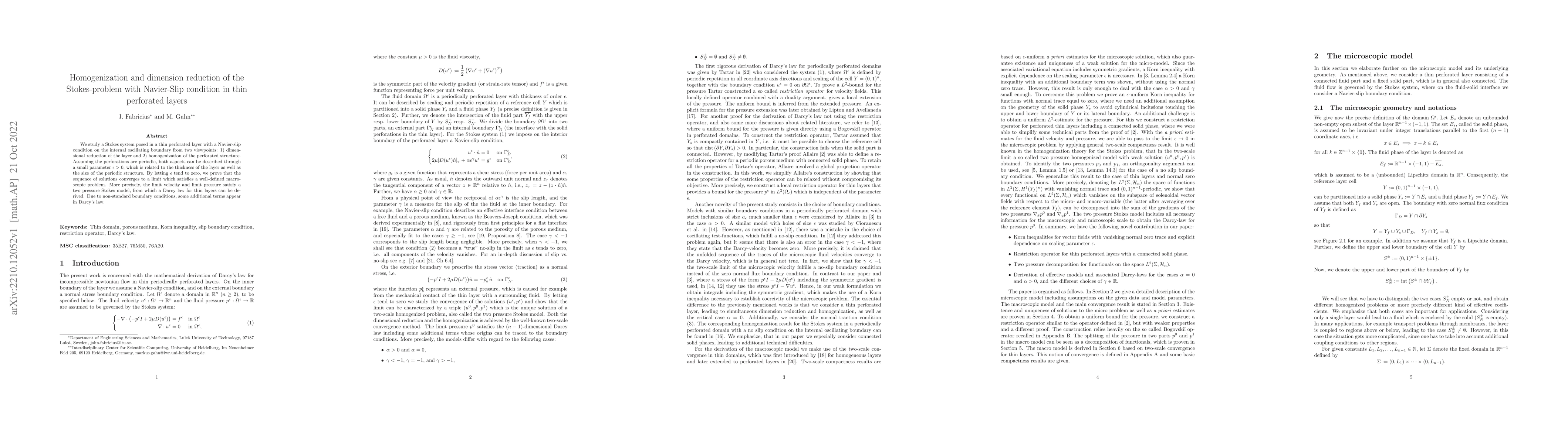 Thumbnail for Homogenization and dimension reduction of the Stokes-problem with
  Navier-Slip condition in thin perforated layers