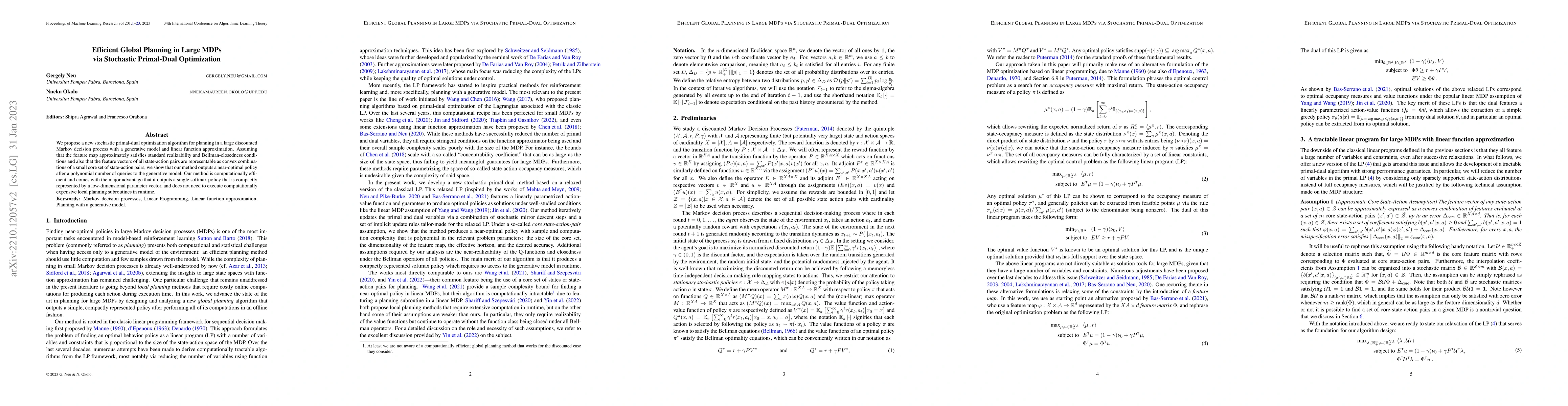 Thumbnail for Efficient Global Planning in Large MDPs via Stochastic Primal-Dual
  Optimization