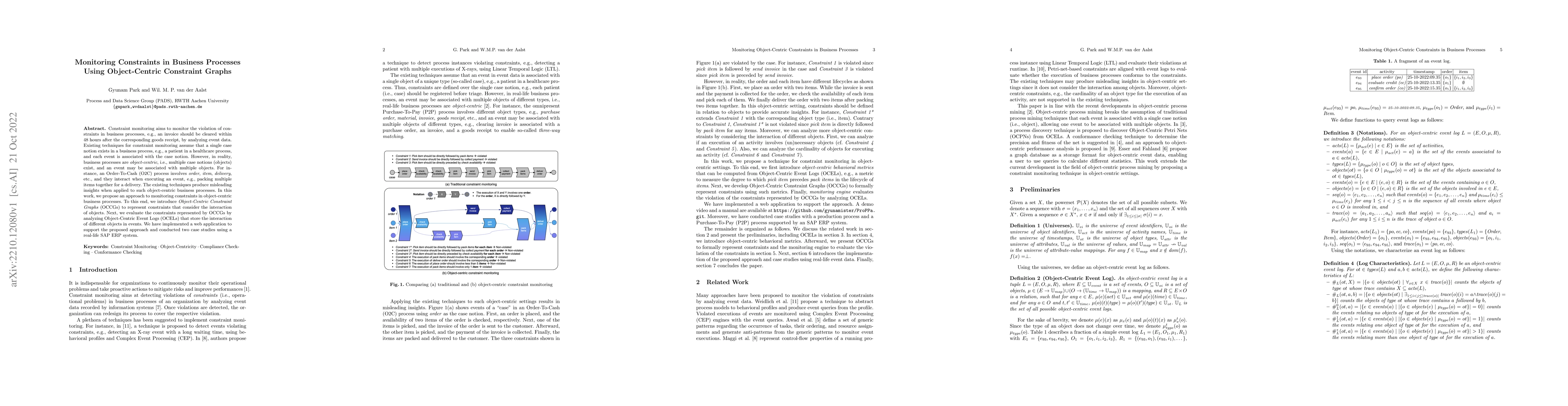 Thumbnail for Monitoring Constraints in Business Processes Using Object-Centric
  Constraint Graphs