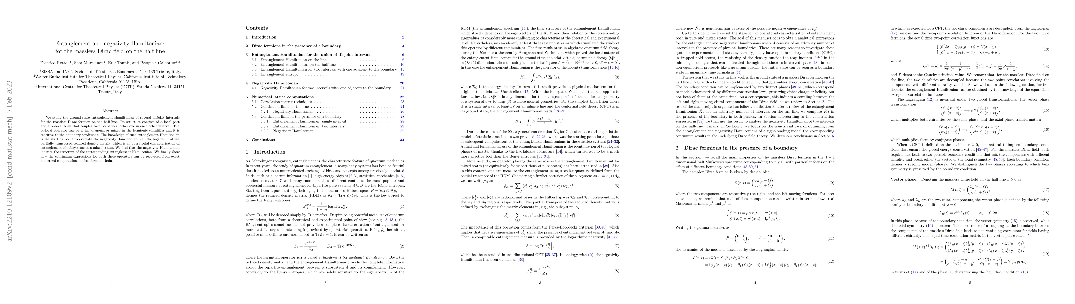 Thumbnail for Entanglement and negativity Hamiltonians for the massless Dirac field on
  the half line