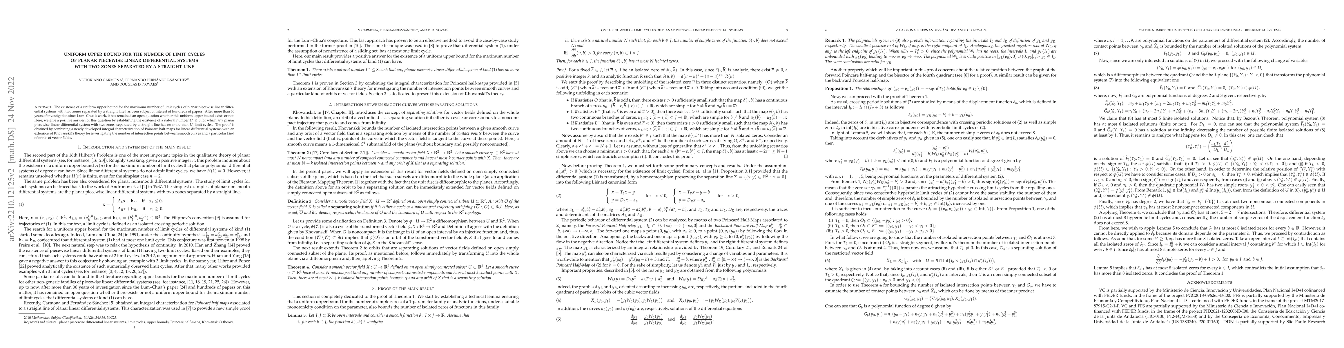 Thumbnail for Uniform upper bound for the number of limit cycles of planar piecewise
  linear differential systems with two zones separated by a straight line