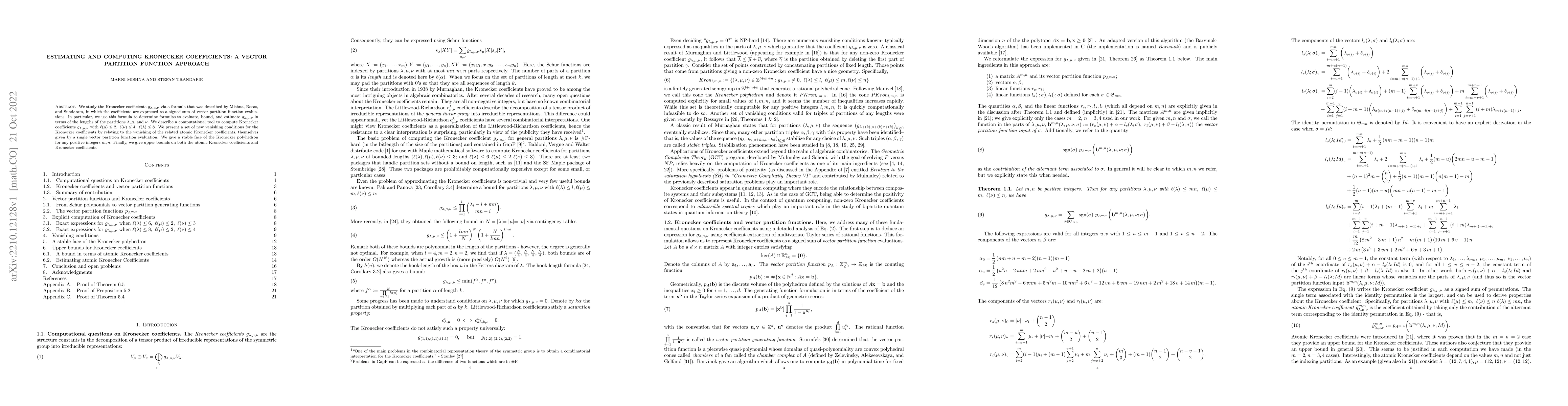 Thumbnail for Estimating and computing Kronecker Coefficients: a vector partition
  function approach