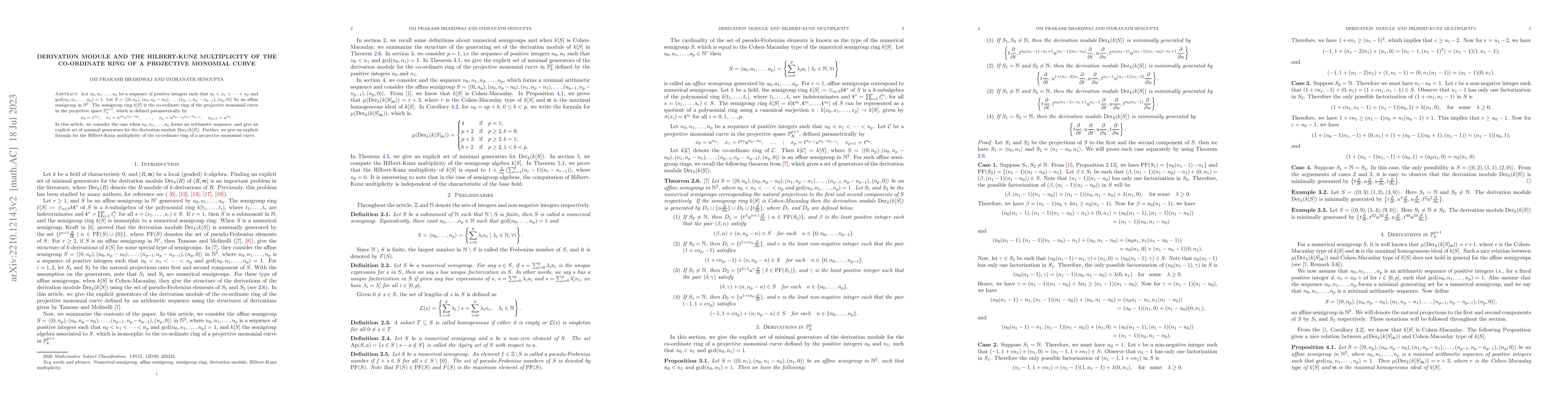 Thumbnail for Derivation module and the Hilbert-Kunz multiplicity of the co-ordinate
  ring of a projective monomial curve