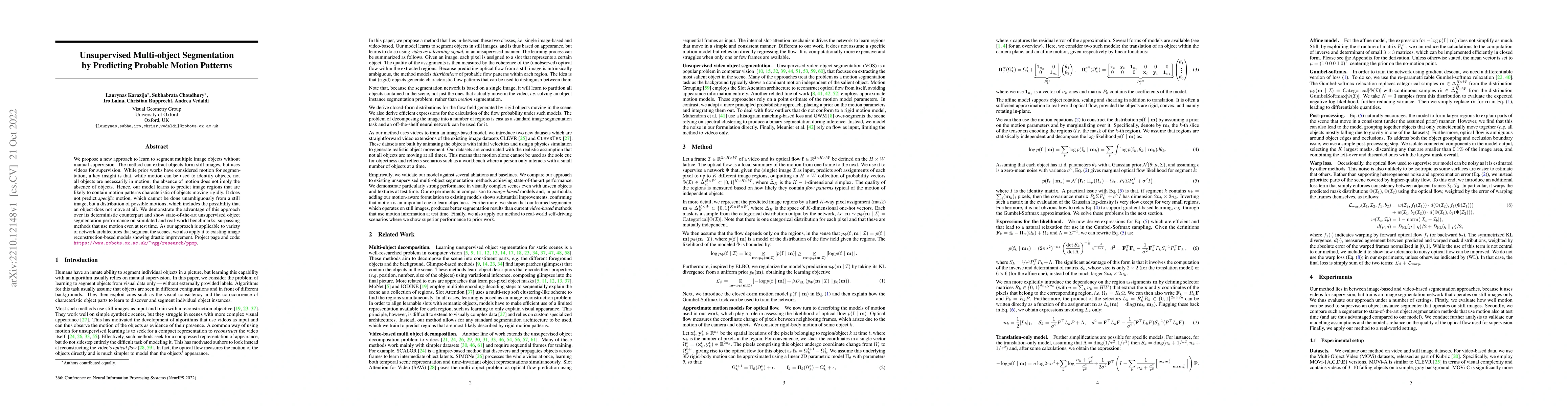 Thumbnail for Unsupervised Multi-object Segmentation by Predicting Probable Motion
  Patterns