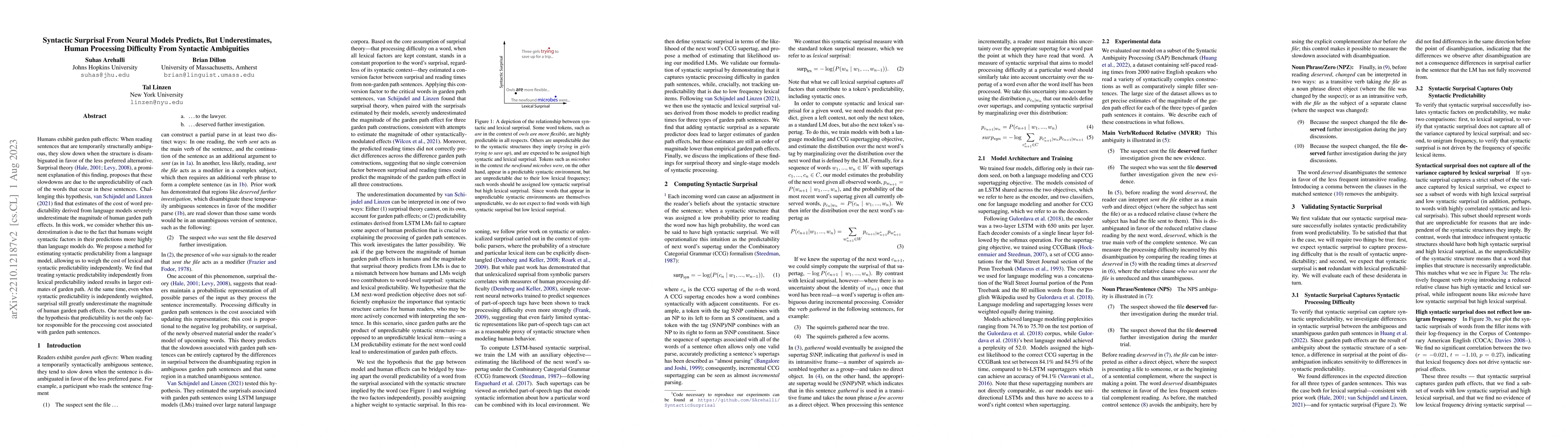 Thumbnail for Syntactic Surprisal From Neural Models Predicts, But Underestimates,
  Human Processing Difficulty From Syntactic Ambiguities