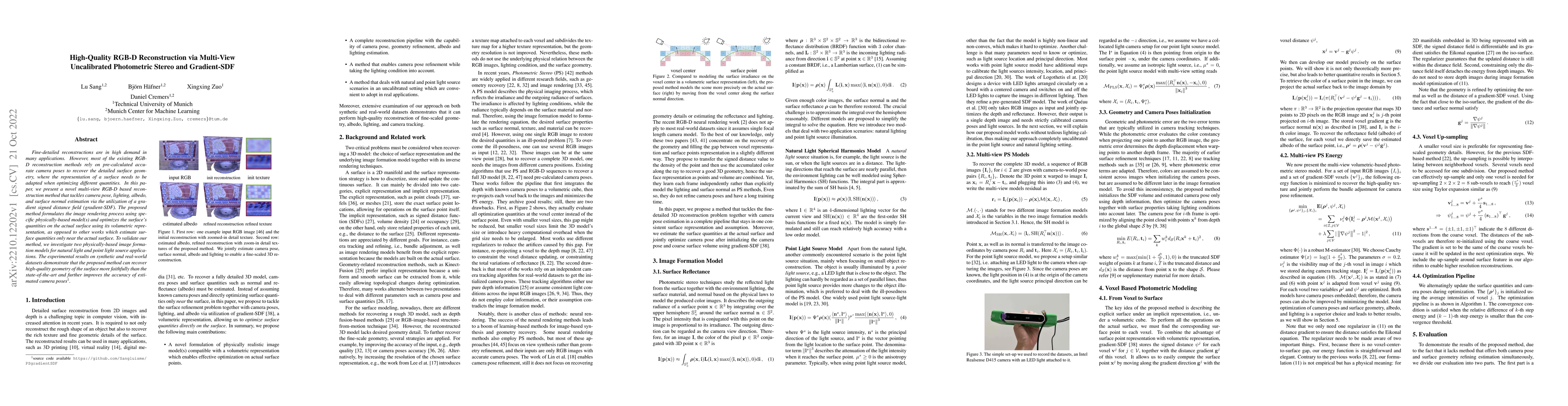 Thumbnail for High-Quality RGB-D Reconstruction via Multi-View Uncalibrated
  Photometric Stereo and Gradient-SDF