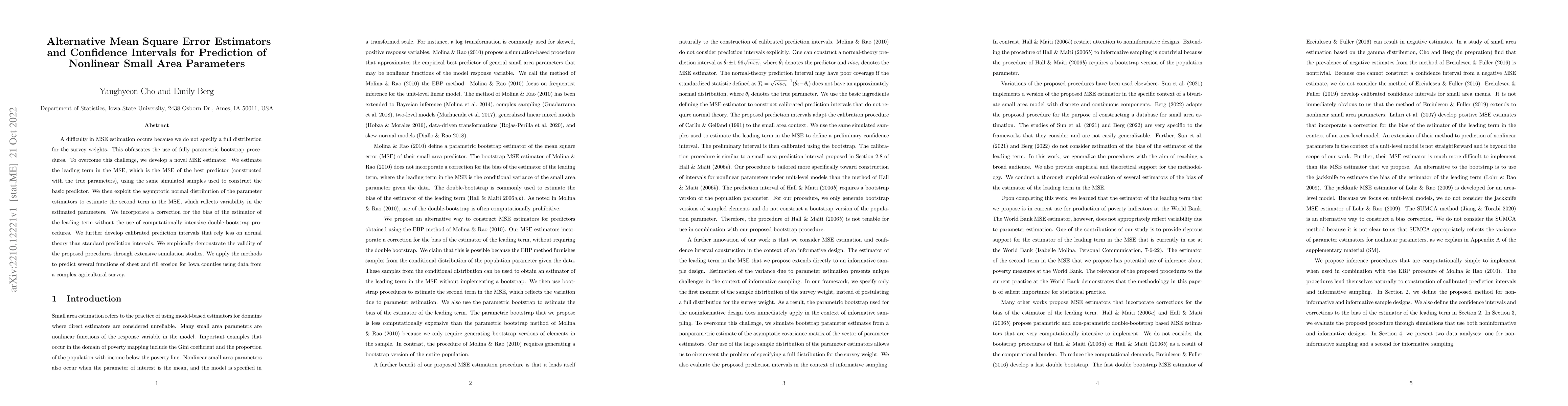Thumbnail for Alternative Mean Square Error Estimators and Confidence Intervals for
  Prediction of Nonlinear Small Area Parameters
