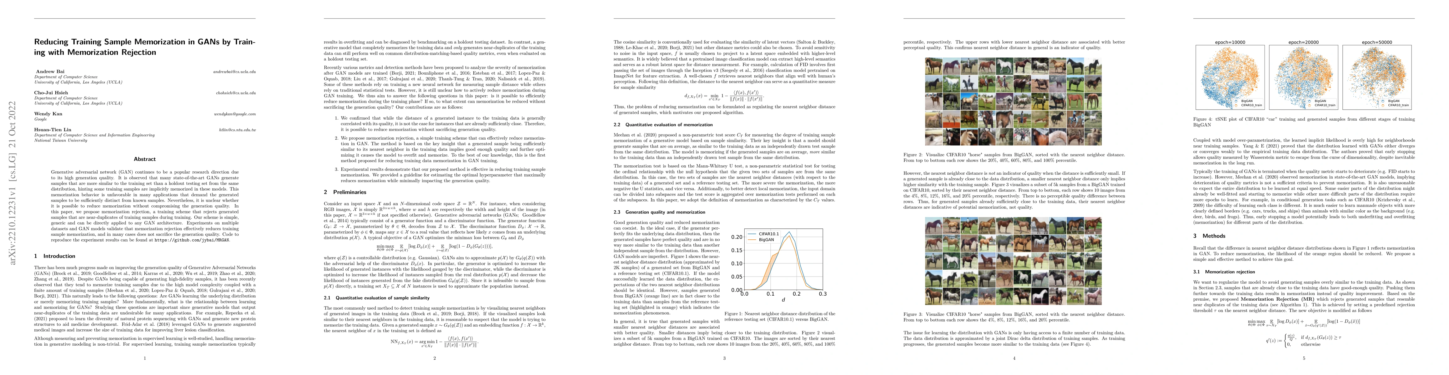 Thumbnail for Reducing Training Sample Memorization in GANs by Training with
  Memorization Rejection