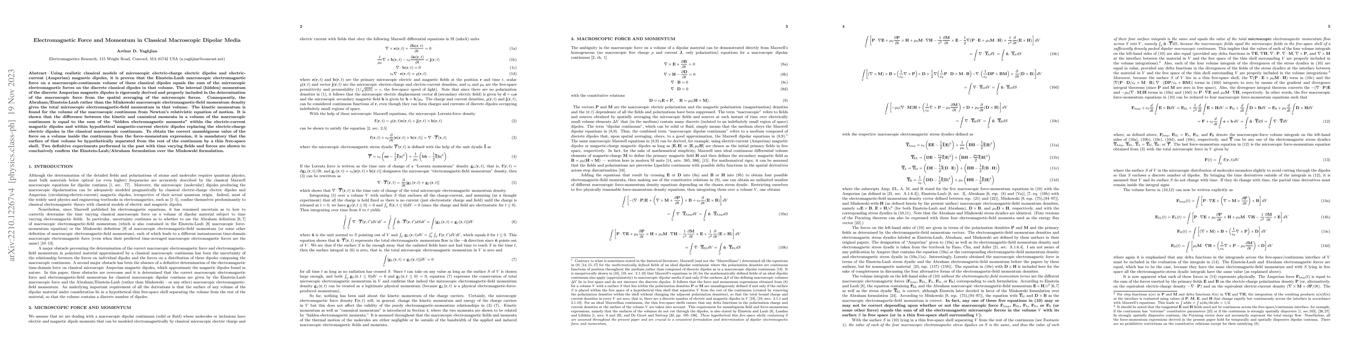 Thumbnail for Electromagnetic Force and Momentum in Classical Macroscopic Dipolar
  Media