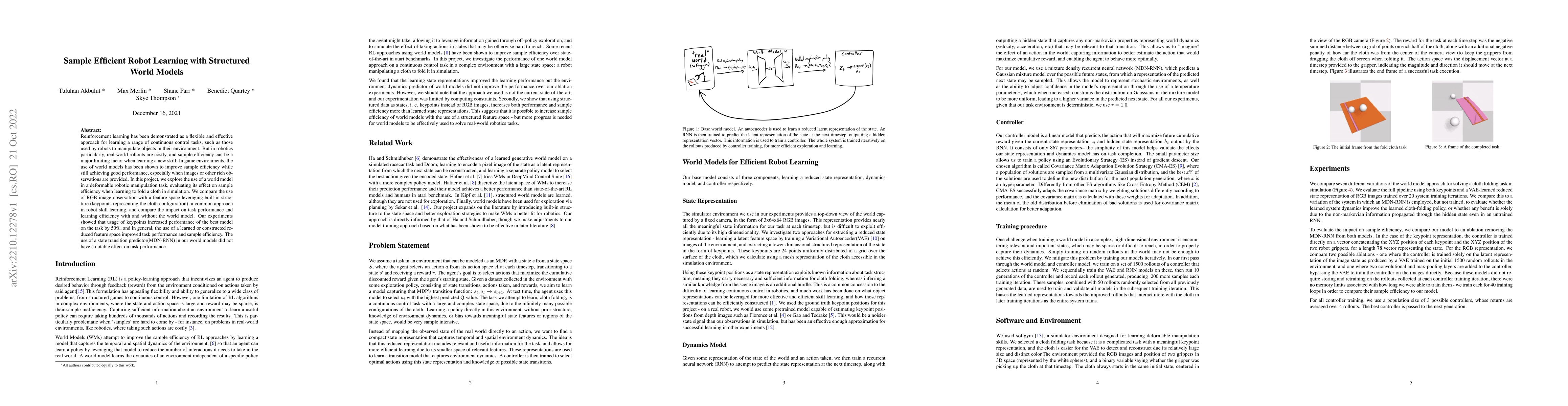 Thumbnail for Sample Efficient Robot Learning with Structured World Models