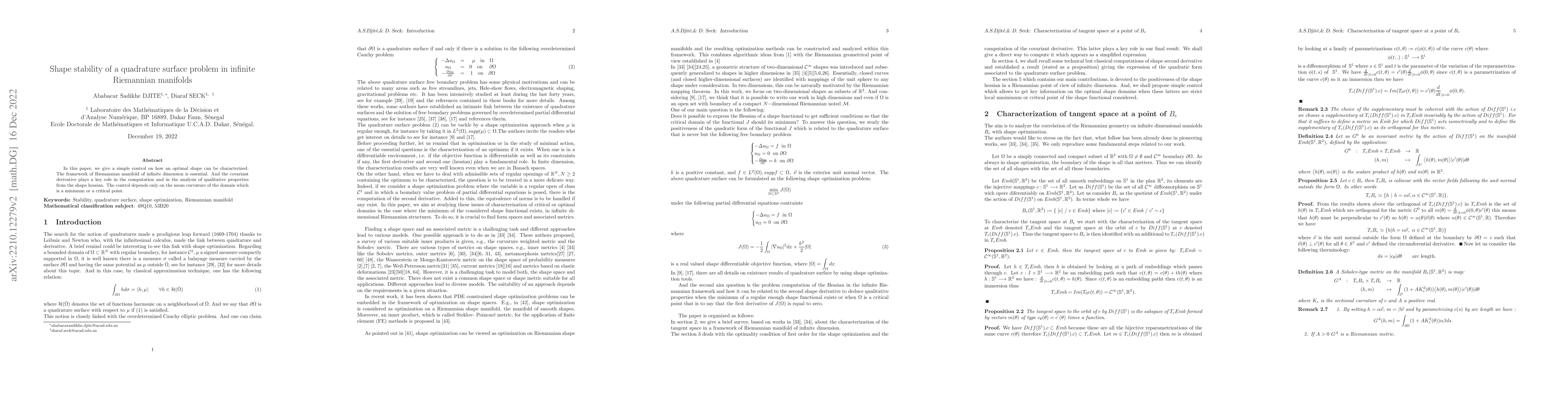 Thumbnail for Shape stability of a quadrature surface problem in infinite Riemannian
  manifolds