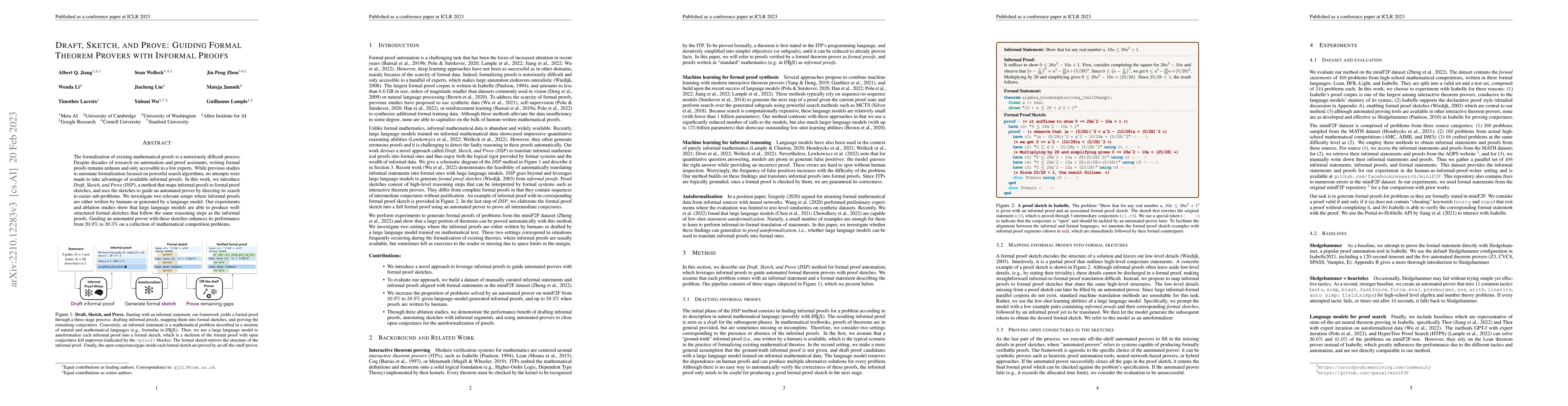 Thumbnail for Draft, Sketch, and Prove: Guiding Formal Theorem Provers with Informal
  Proofs