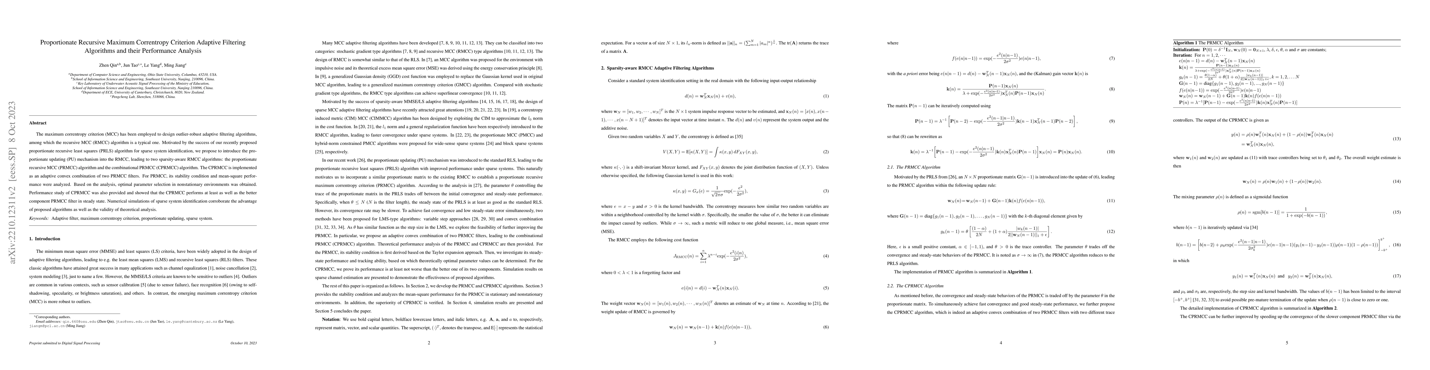 Thumbnail for Proportionate Recursive Maximum Correntropy Criterion Adaptive Filtering
  Algorithms and their Performance Analysis
