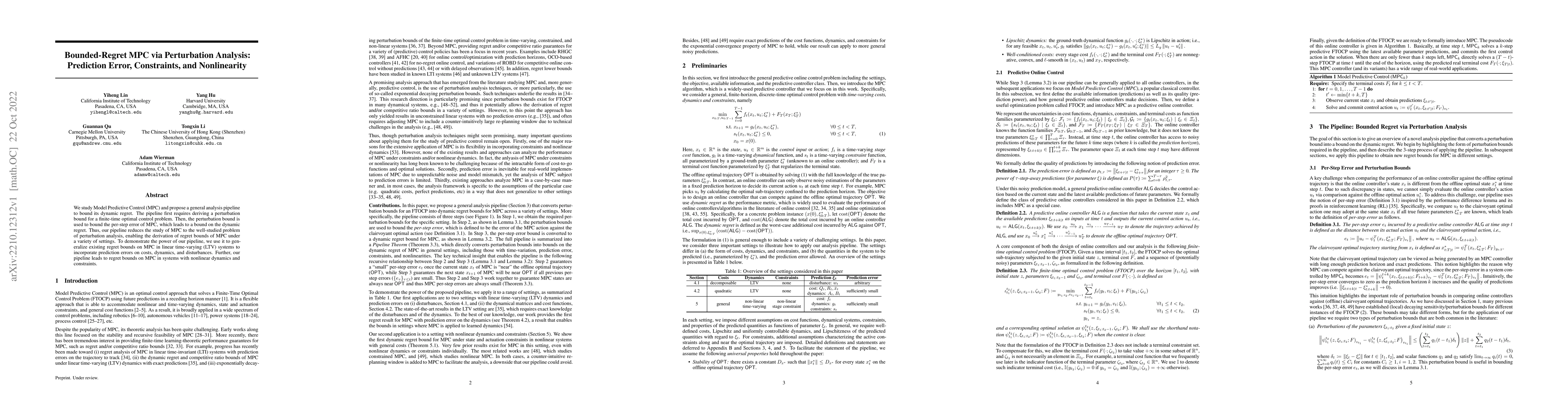 Thumbnail for Bounded-Regret MPC via Perturbation Analysis: Prediction Error,
  Constraints, and Nonlinearity