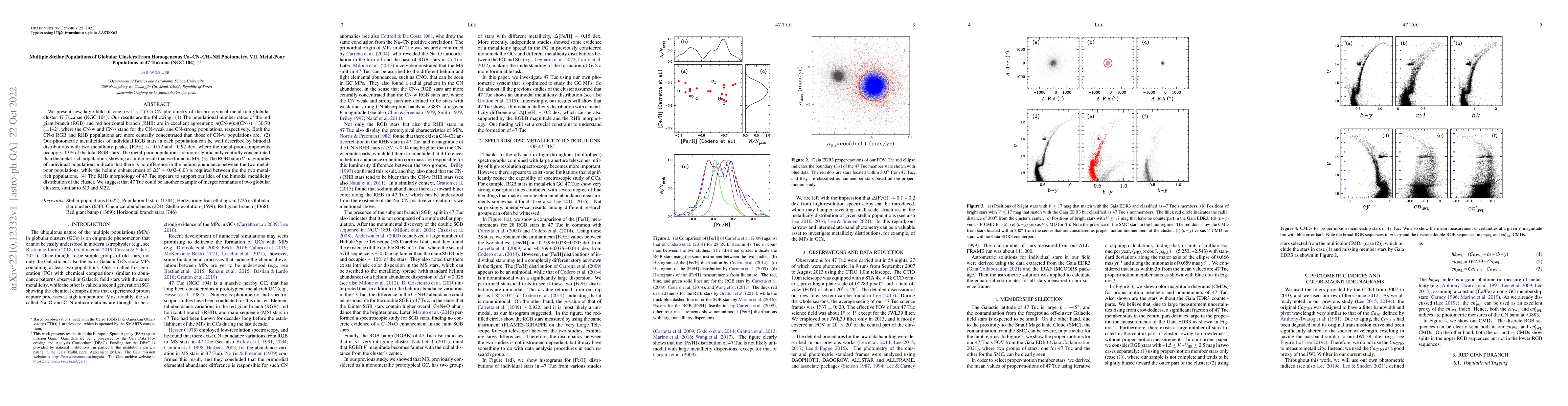 Thumbnail for Multiple Stellar Populations of Globular Clusters From Homogeneous
  Ca-CN-CH-NH Photometry. VII. Metal-Poor Populations in 47 Tucanae (NGC 104)