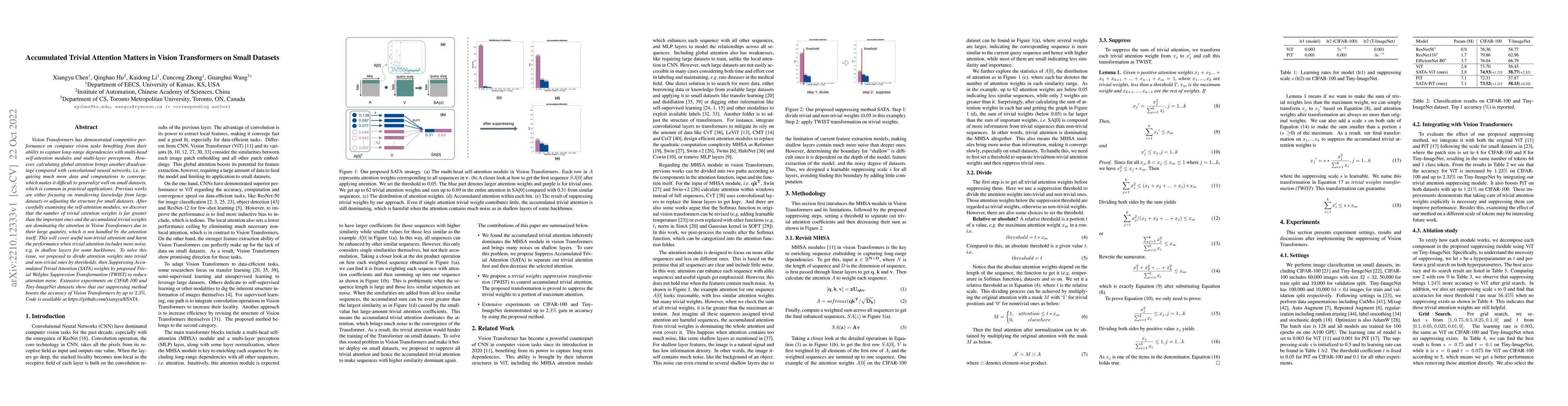Thumbnail for Accumulated Trivial Attention Matters in Vision Transformers on Small
  Datasets