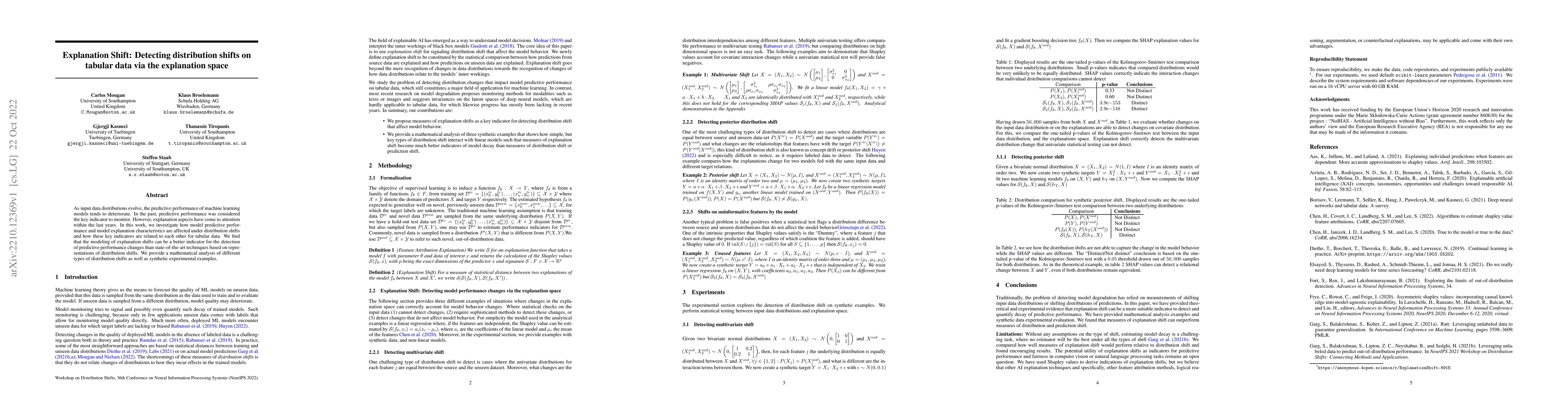 Thumbnail for Explanation Shift: Detecting distribution shifts on tabular data via the
  explanation space