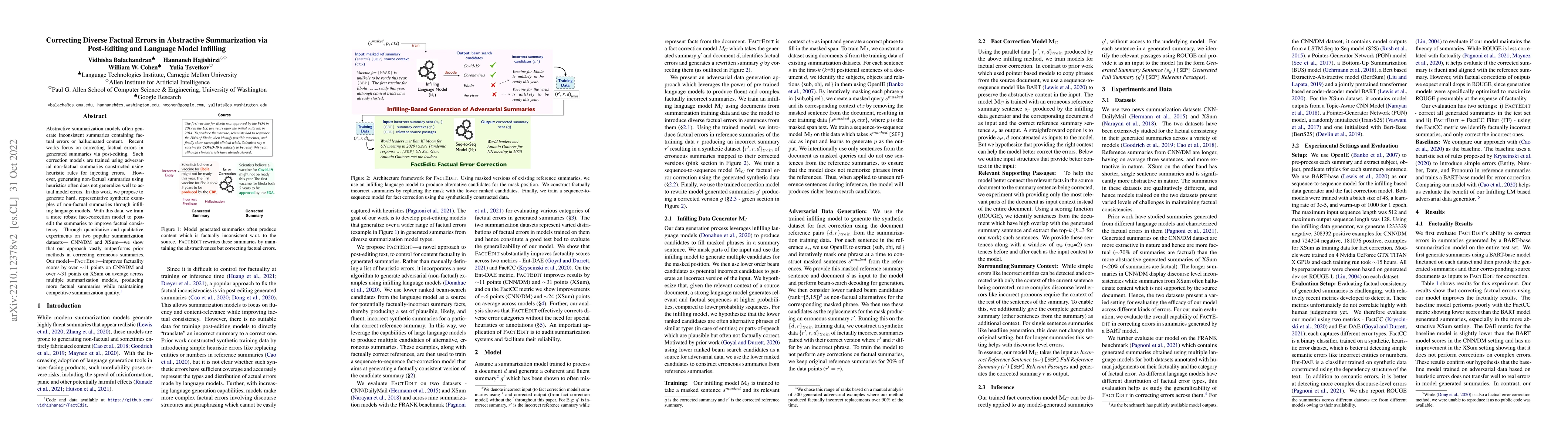 Thumbnail for Correcting Diverse Factual Errors in Abstractive Summarization via
  Post-Editing and Language Model Infilling