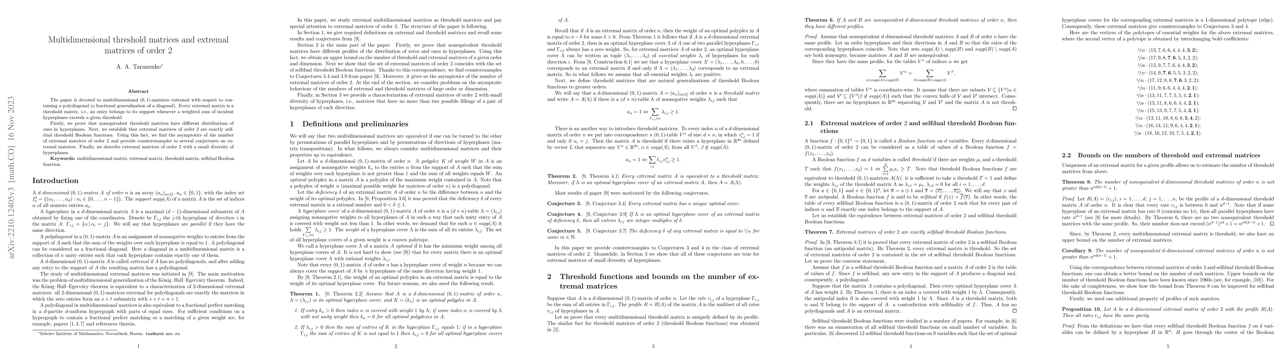 Thumbnail for Multidimensional threshold matrices and extremal matrices of order $2$