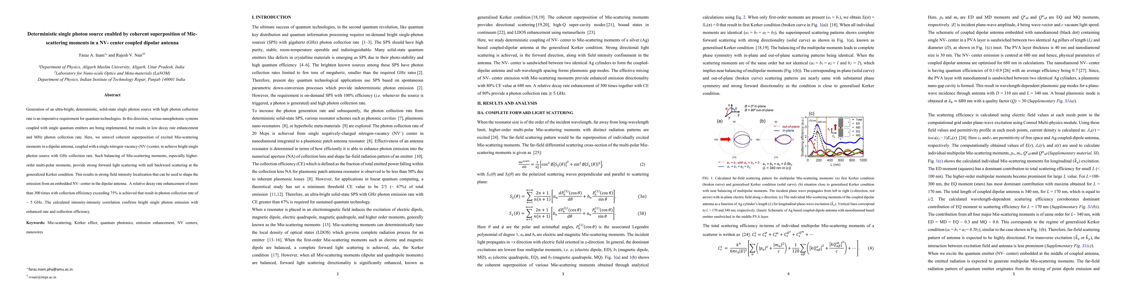 Thumbnail for Deterministic single photon source enabled by coherent superposition of
  Mie-scattering moments in a NV- center coupled dipolar antenna