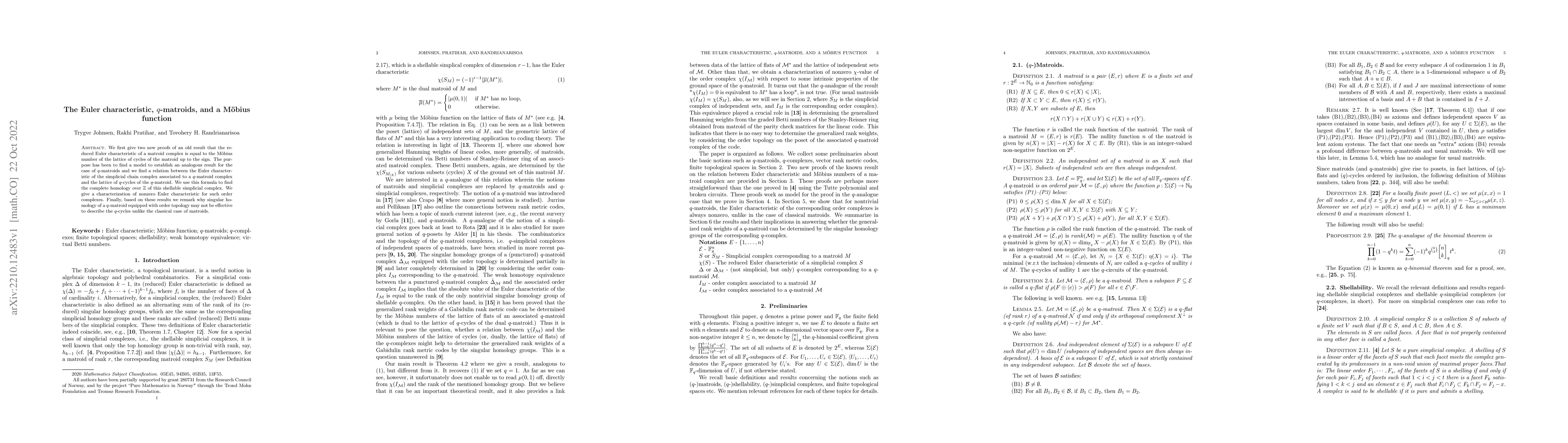 Thumbnail for The Euler characteristic, $q$-matroids, and a M\"obius function