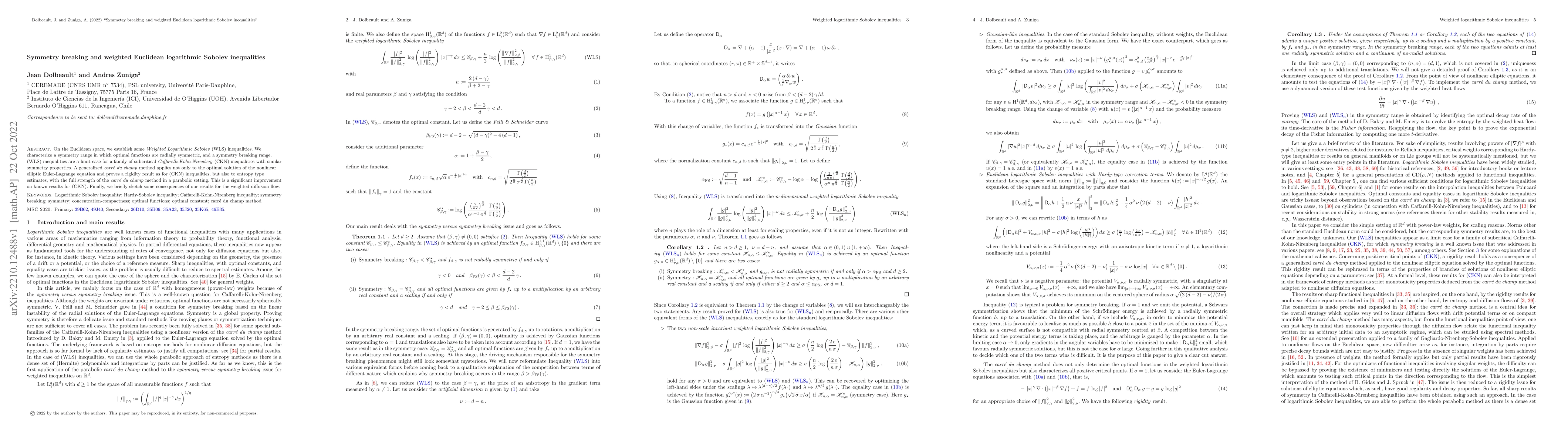 Thumbnail for Symmetry breaking and weighted Euclidean logarithmic Sobolev
  inequalities
