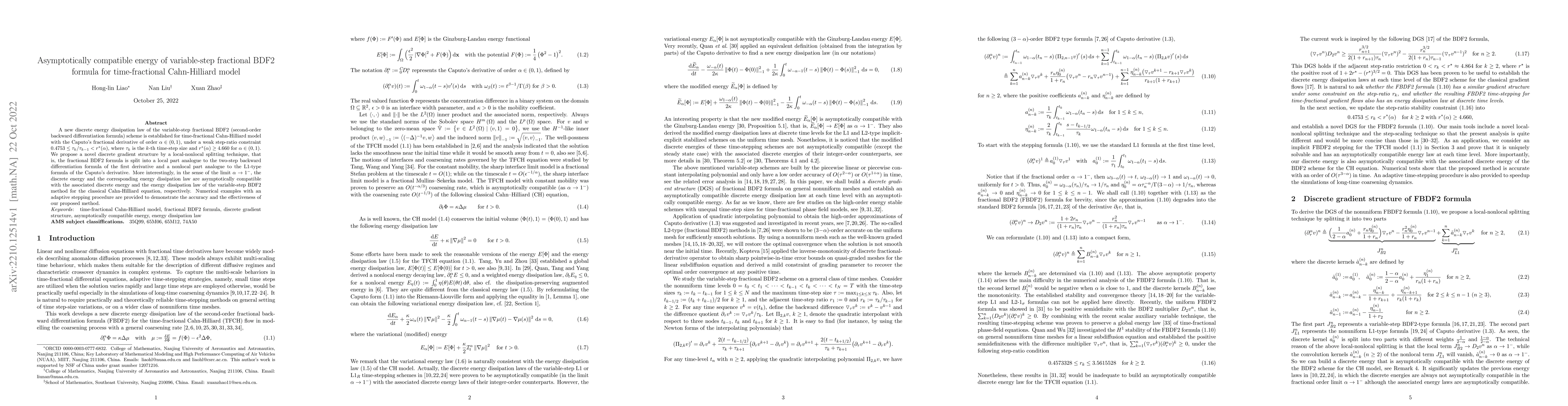 Thumbnail for Asymptotically compatible energy of variable-step fractional BDF2
  formula for time-fractional Cahn-Hilliard model