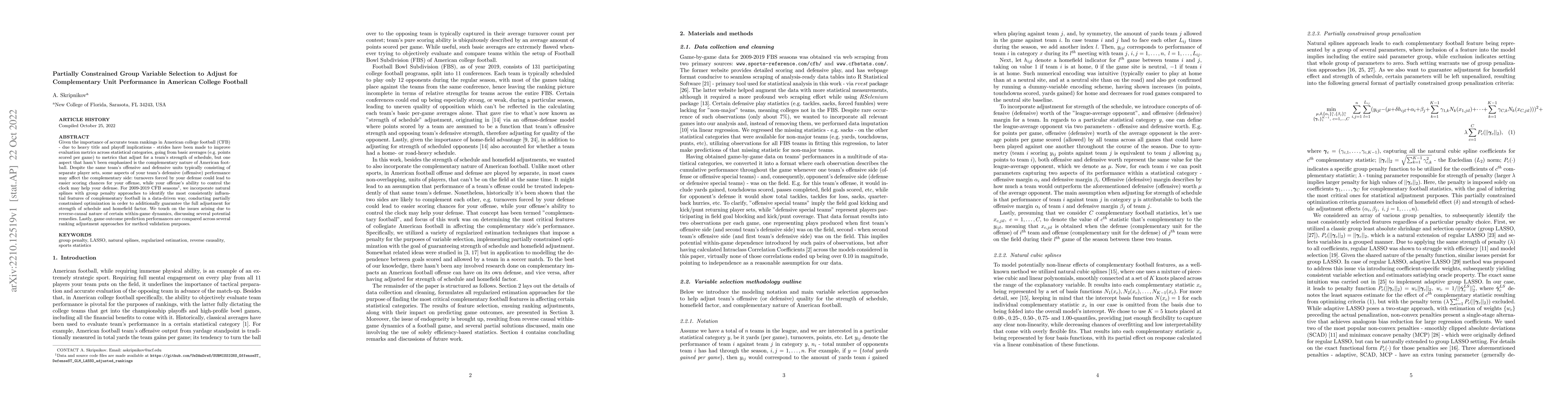 Thumbnail for Partially Constrained Group Variable Selection to Adjust for
  Complementary Unit Performance in American College Football