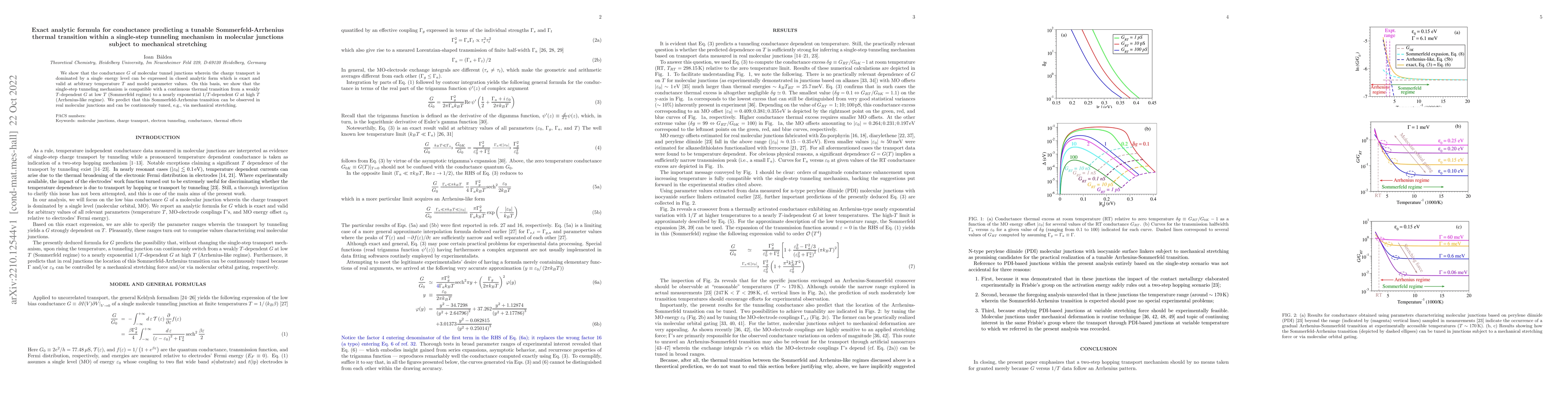 Thumbnail for Exact analytic formula for conductance predicting a tunable
  Sommerfeld-Arrhenius thermal transition within a single-step tunneling
  mechanism in molecular junctions subject to mechanical stretching