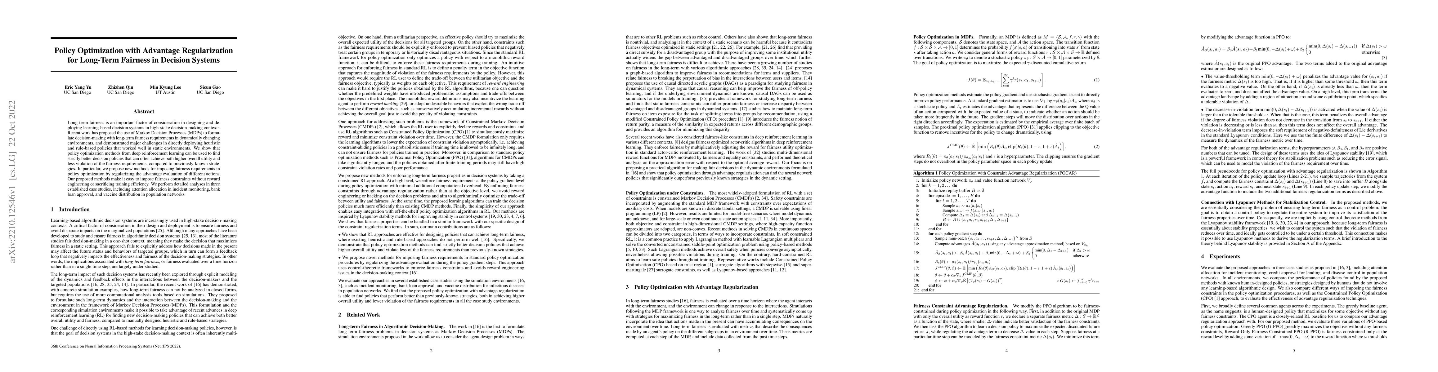 Thumbnail for Policy Optimization with Advantage Regularization for Long-Term Fairness
  in Decision Systems