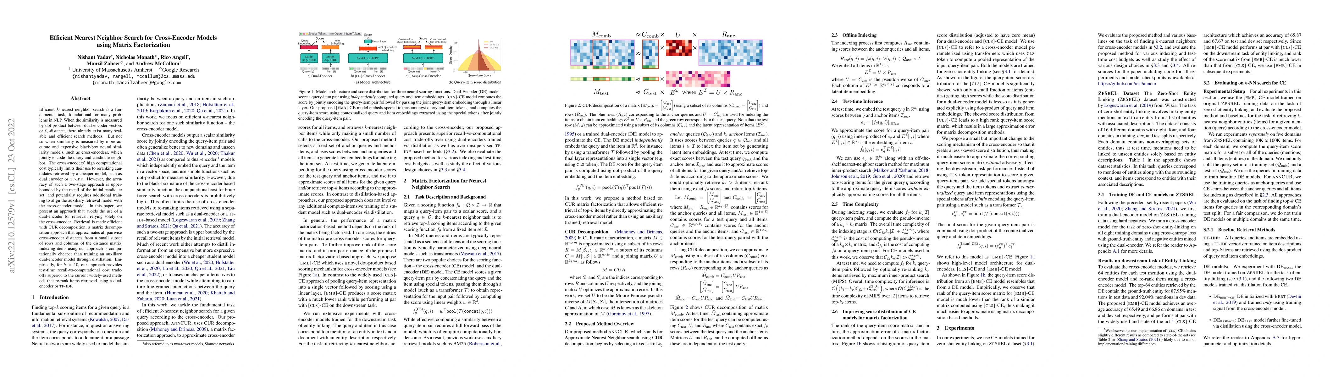 Thumbnail for Efficient Nearest Neighbor Search for Cross-Encoder Models using Matrix
  Factorization
