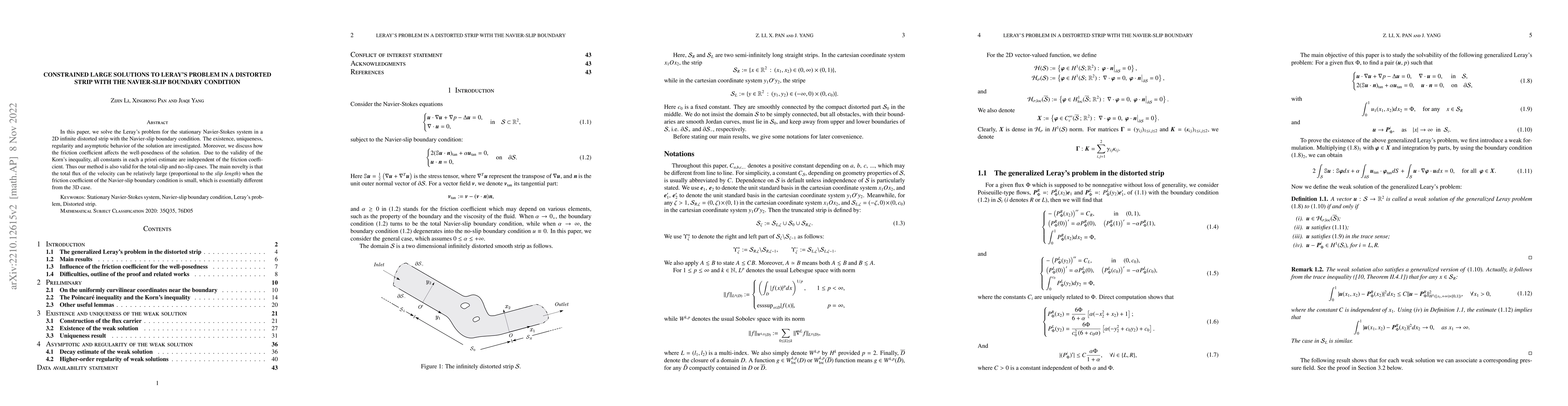 Thumbnail for Constrained large solutions to Leray's problem in a distorted strip with
  the Navier-slip boundary condition