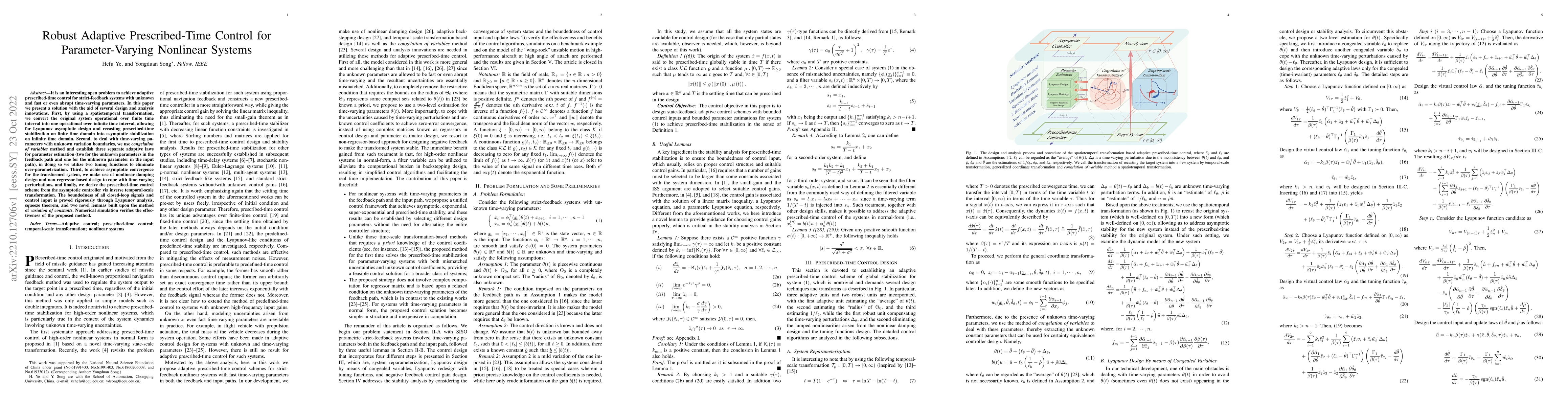 Thumbnail for Robust Adaptive Prescribed-Time Control for Parameter-Varying Nonlinear
  Systems