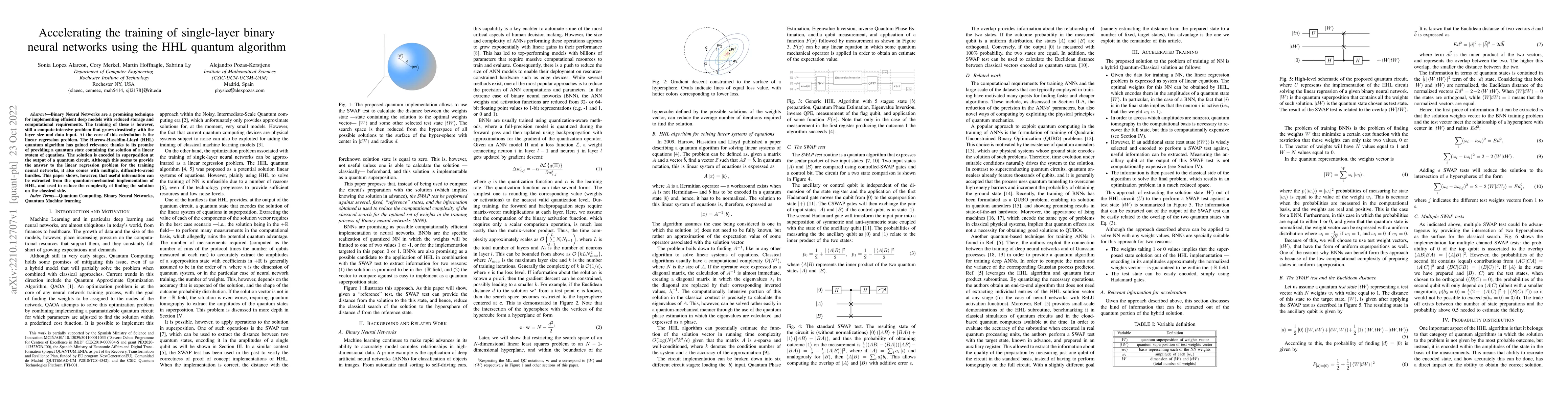 Thumbnail for Accelerating the training of single-layer binary neural networks using
  the HHL quantum algorithm