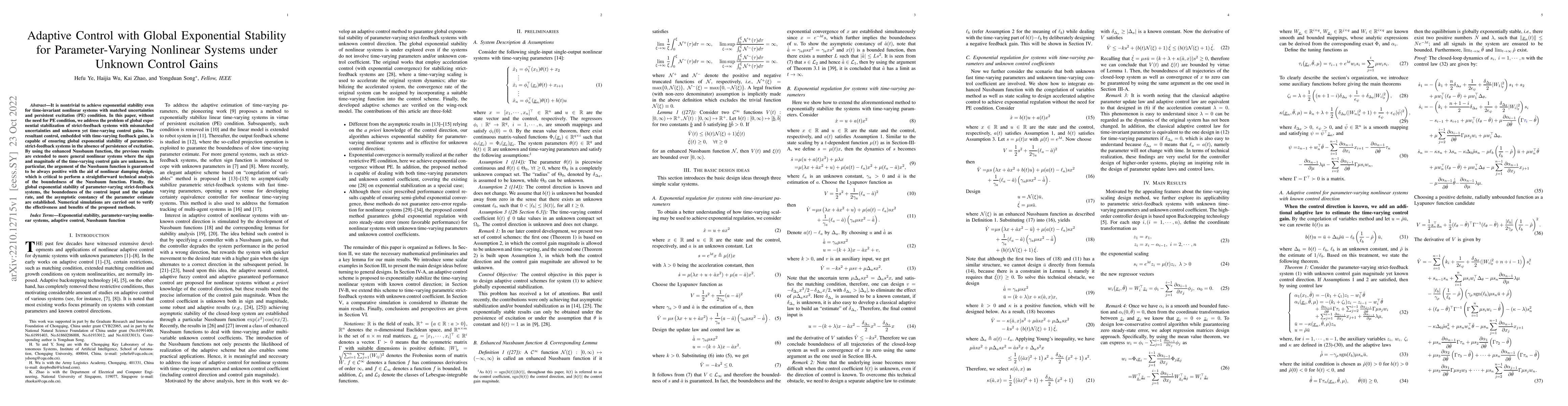 Thumbnail for Adaptive Control with Global Exponential Stability for Parameter-Varying
  Nonlinear Systems under Unknown Control Gains