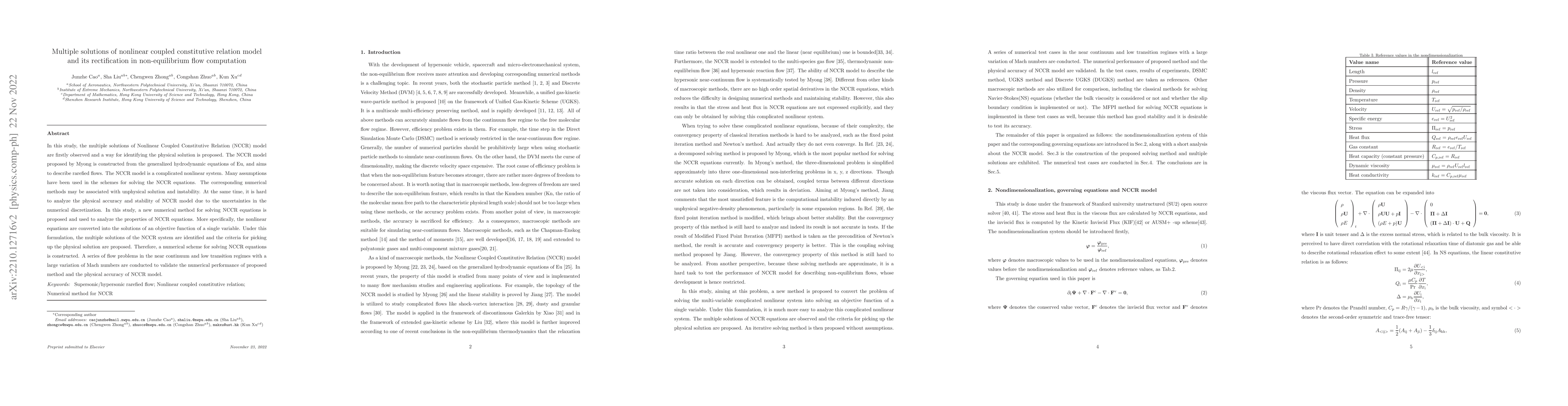 Thumbnail for Multiple solutions of nonlinear coupled constitutive relation model and
  its rectification in non-equilibrium flow computation