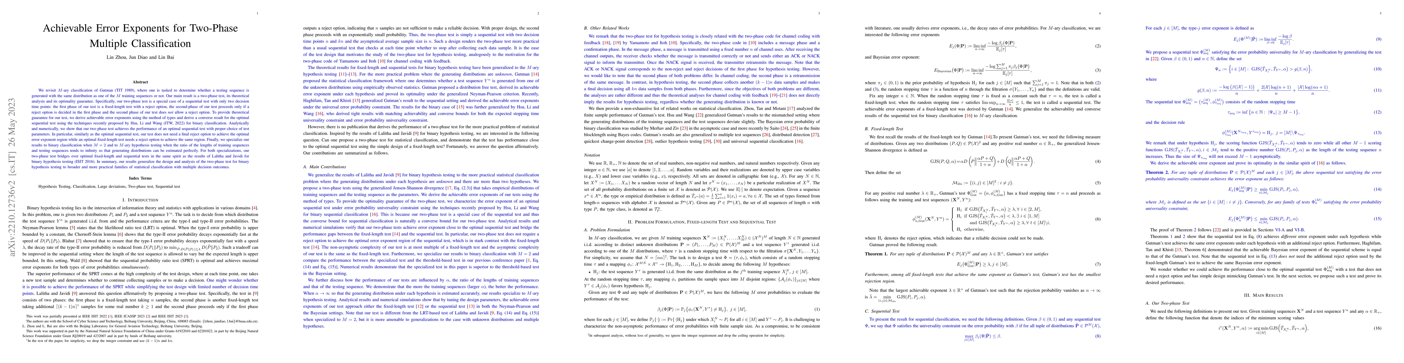 Thumbnail for Achievable Error Exponents for Two-Phase Multiple Classification