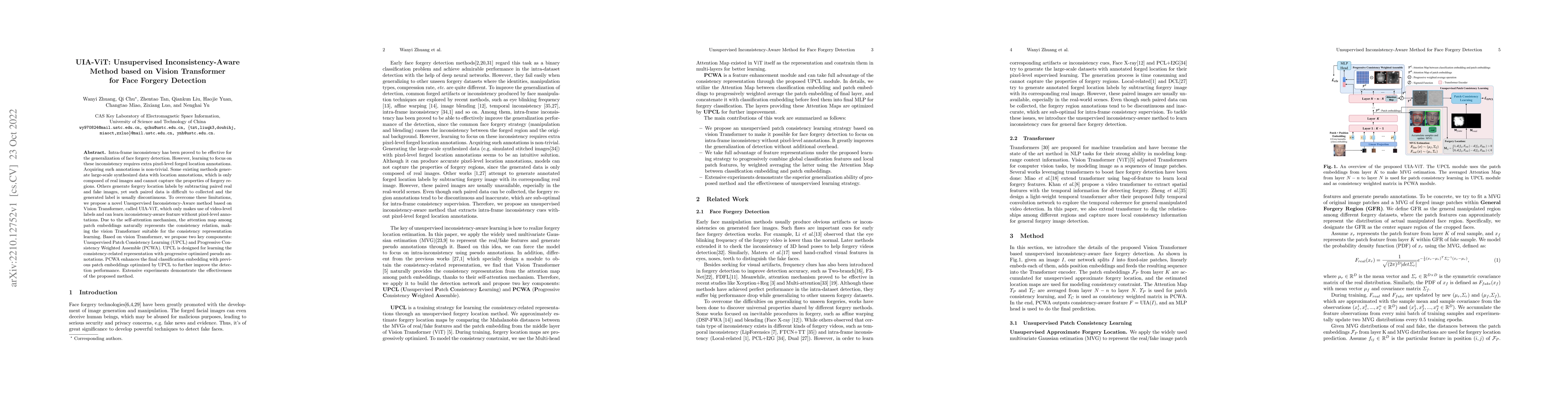 Thumbnail for UIA-ViT: Unsupervised Inconsistency-Aware Method based on Vision
  Transformer for Face Forgery Detection