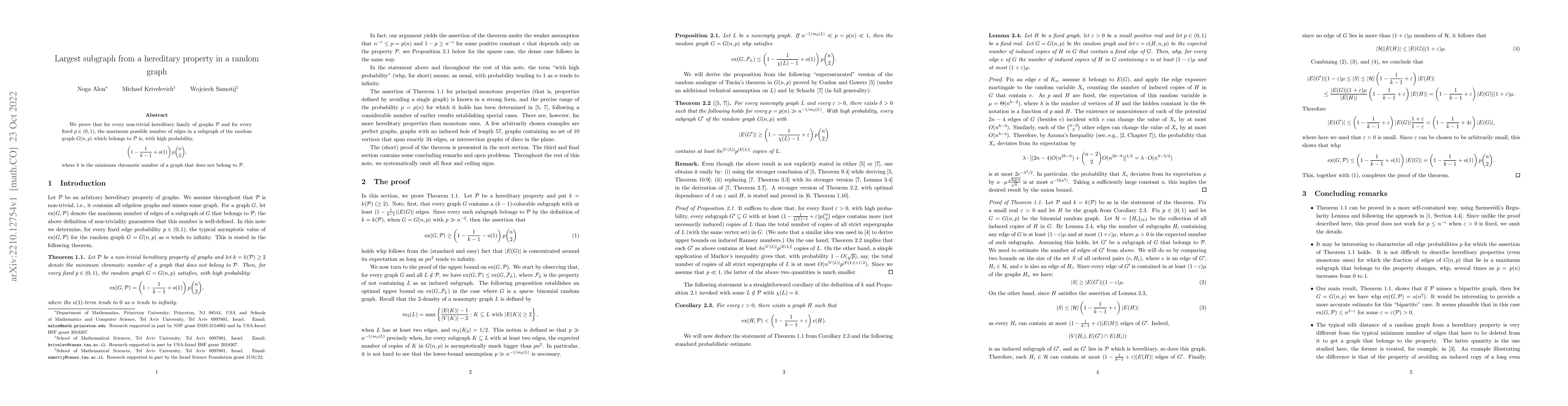 Thumbnail for Largest subgraph from a hereditary property in a random graph