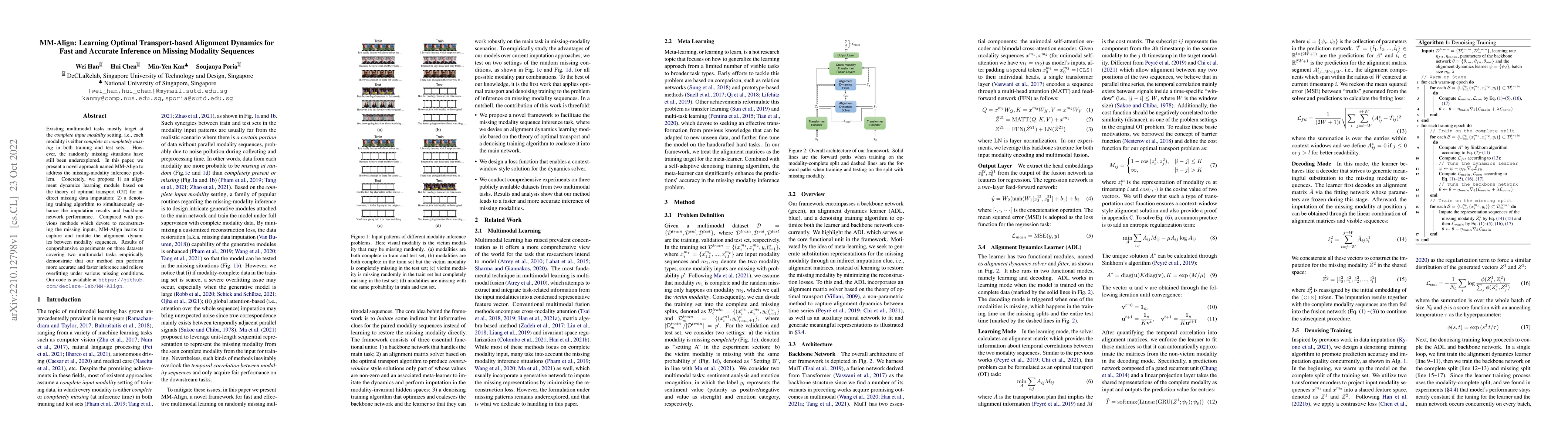Thumbnail for MM-Align: Learning Optimal Transport-based Alignment Dynamics for Fast
  and Accurate Inference on Missing Modality Sequences
