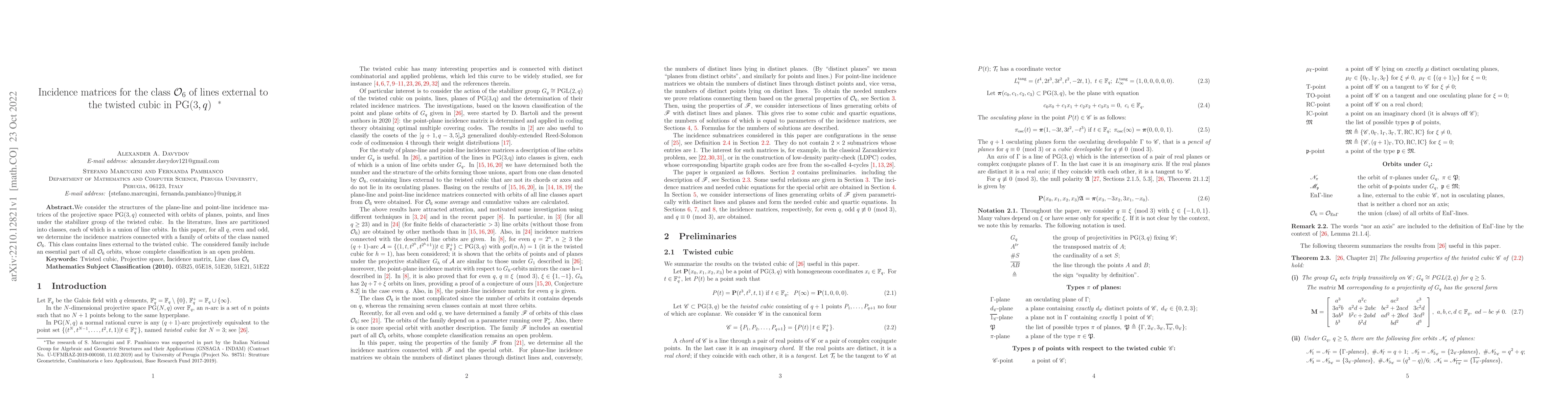 Thumbnail for Incidence matrices for the class $\mathcal{O}_6$ of lines external to
  the twisted cubic in $\mathrm{PG}(3,q)$