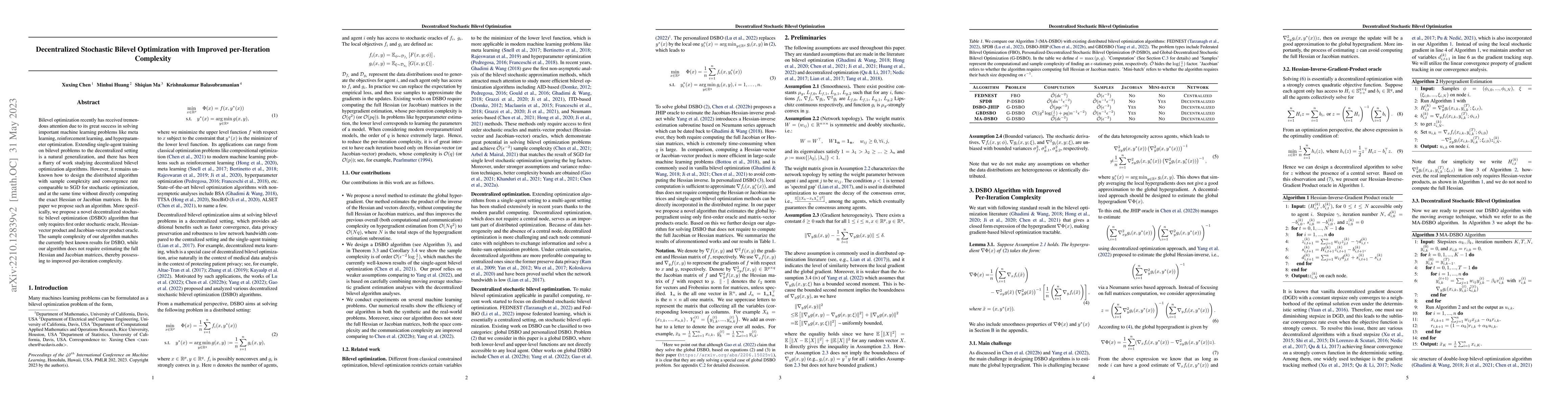 Thumbnail for Decentralized Stochastic Bilevel Optimization with Improved
  per-Iteration Complexity